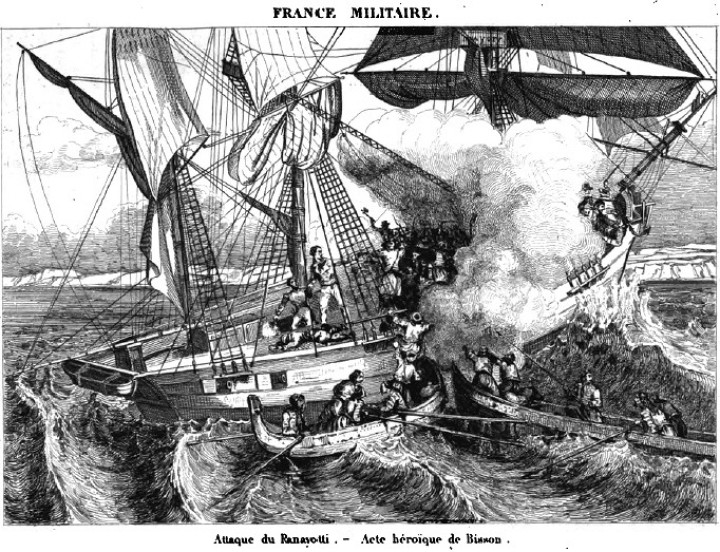 Ο Μπισσόν με το «Παναγιώτης» έτοιμος να το ανατινάξει- πολεμά με το ξίφος του τους πειρατές. Δίπλα του ο Τρεμεντέν