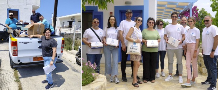 Αριστερά: Η ομάδα σε αποστολή για τη διανομή κιτ εξοικονόμησης νερού, με τη βοήθεια της αντιδημάρχου, κας Ευαγγελίστρας Λαουντού. Δεξιά: Στην ομάδα GWP-Med συμμετείχαν η Βίβιαν Στεφοπούλου Reckitt (δεύτερη από αριστερά) και αρκετοί παράγοντες των ΜΜΕ, για να βοηθήσουν στις προσπάθειες ευαισθητοποίησης και επικοινωνίας.