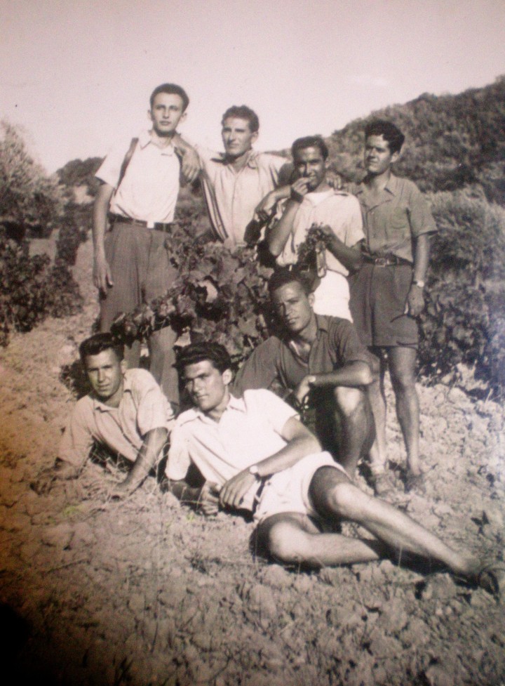 1943 Η παρέα, όρθιοι αριστερά  Στ, Καζούλης, Αν. Χιώτης,  Ανδρ. Μας, Μιχ. Βρούχος,  Καθήμενοι Γ. Κωσταρίδης,  Ιω. Κοτζιάς, Γ. Σουλούνιας