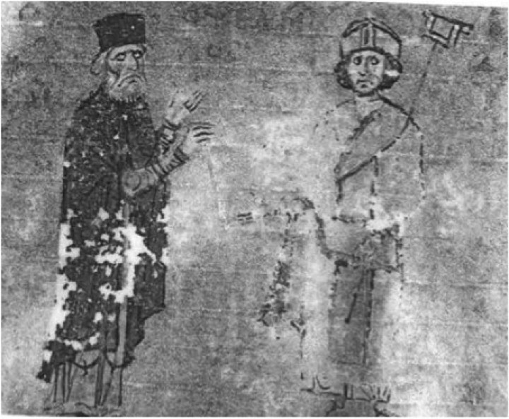 Ο Μιχαήλ Ψελλός με τον μαθητή του Αυτοκράτορα Μιχαήλ VII Δούκα (1071–1078), Μονή Παντοκράτορος, Άγιο Όρος
