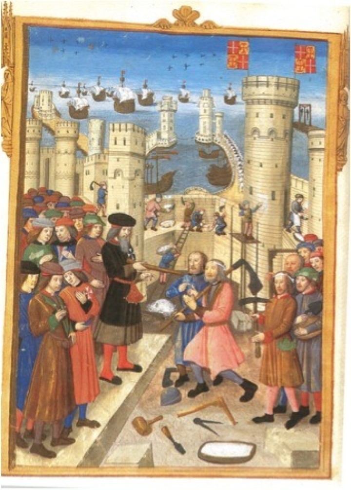 Ο μεγάλος Μάγιστρος ντ’ Ωμπυσόν  δίνει οδηγίες στους τεχνίτες που συντηρούν τα τείχη της Ρόδου, στα 1522